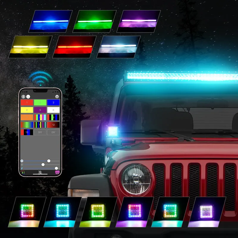 52" RGBW LED Light Bar & 2 RGB Pods & All Brackets for Jeep Wrangler JL JLU and Gladiator JT