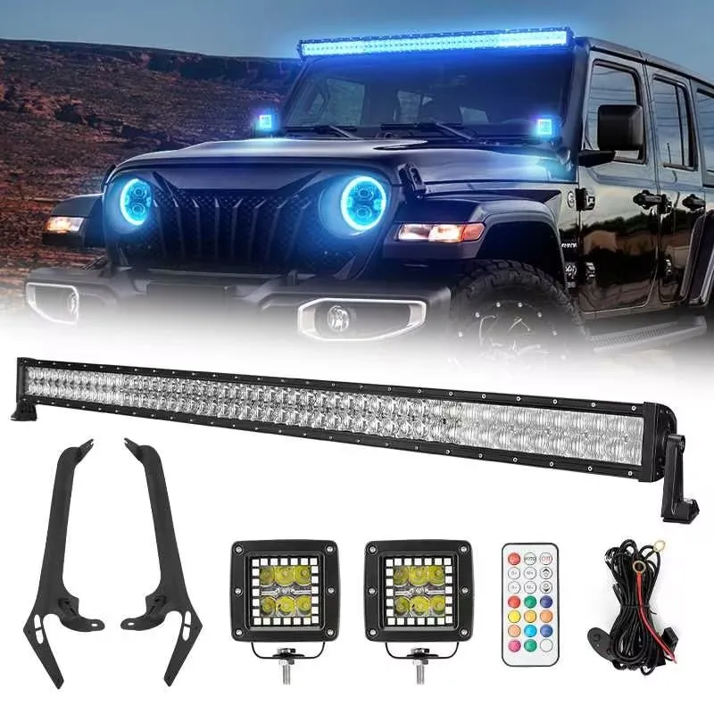 52" RGBW LED Light Bar & 2 RGB Pods & All Brackets for Jeep Wrangler JL JLU and Gladiator JT