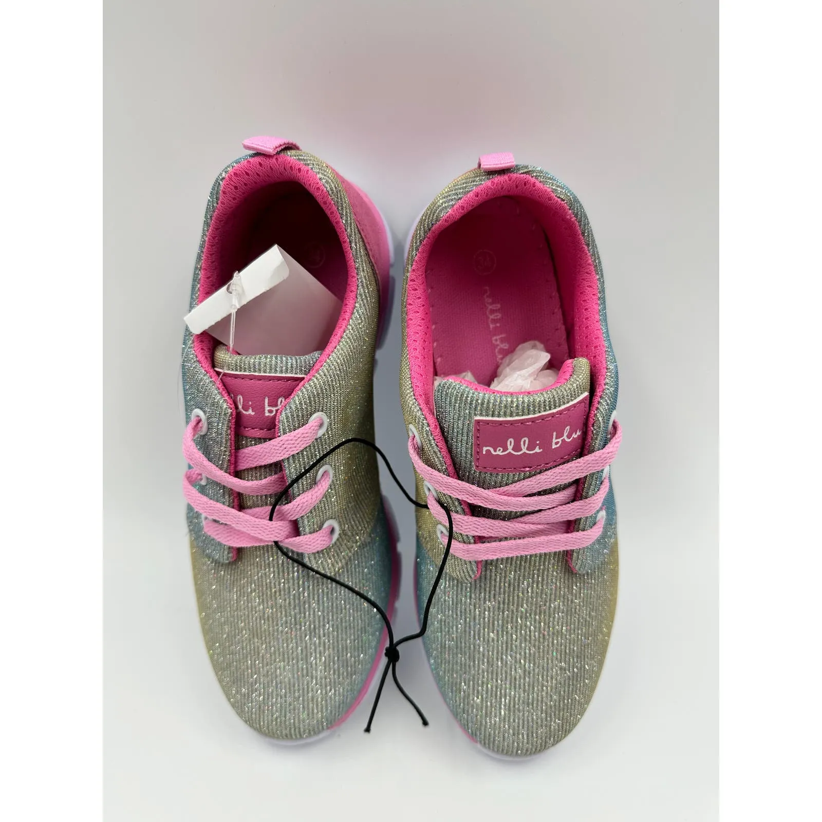 Big Kid Size 3, Pink Trim, Laces, and Suede heel, Silver Sparkly Sneakers