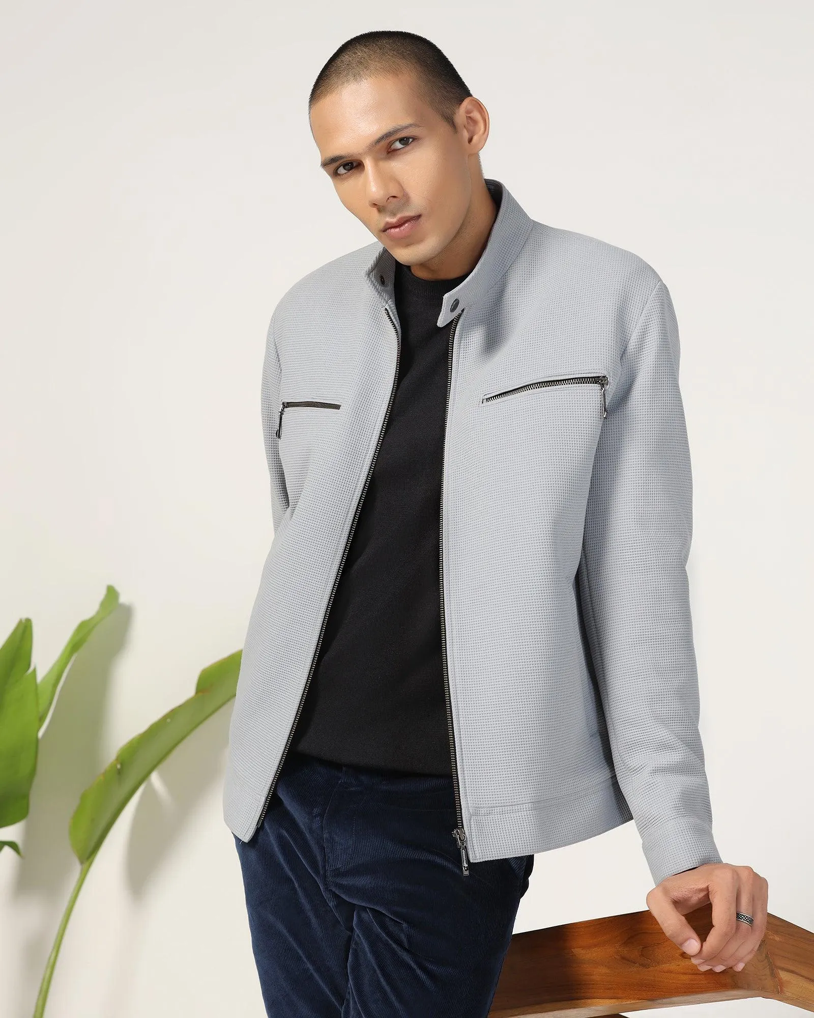 Biker Grey Textured Zipper Jacket - Safari