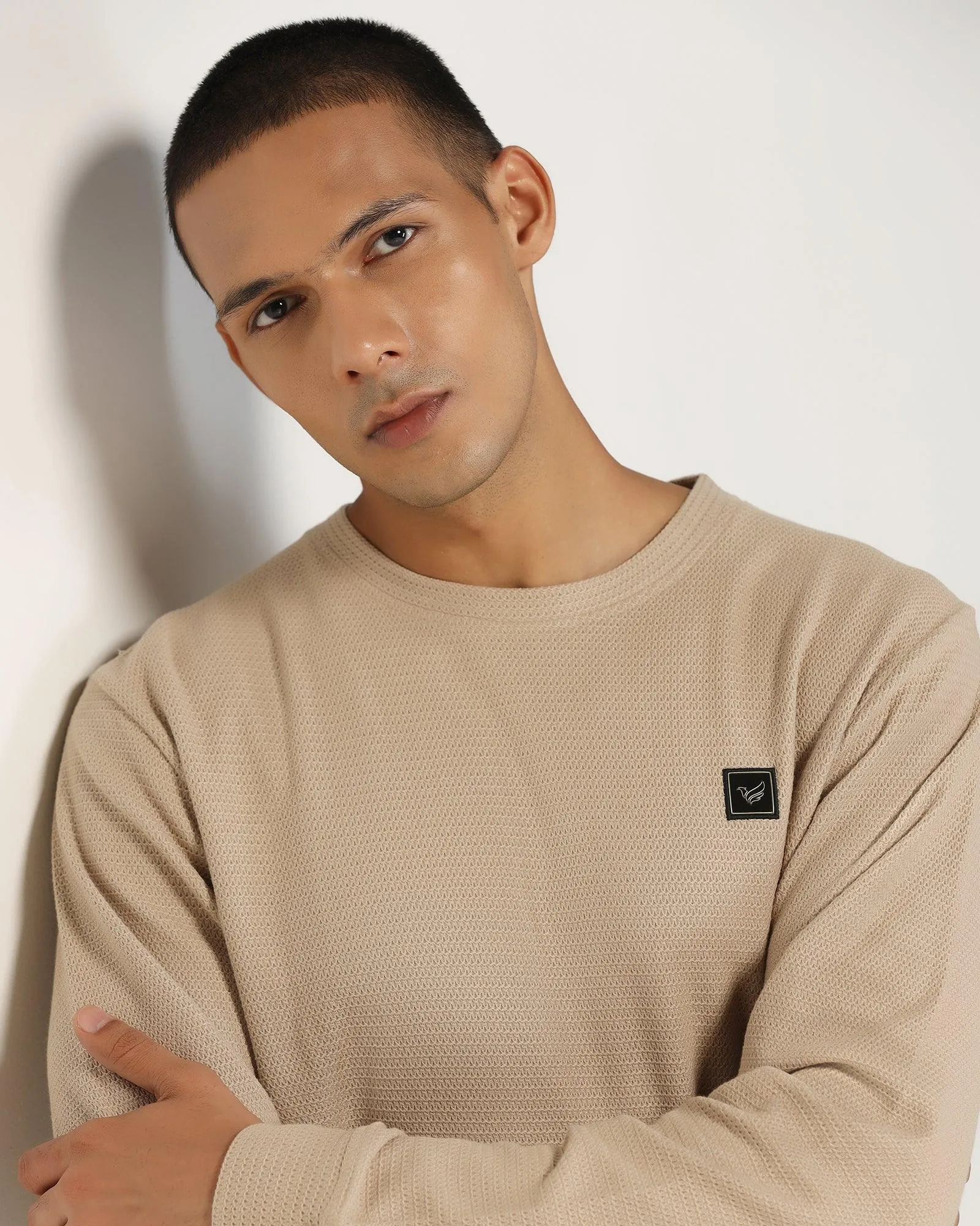 Crew Neck Beige Structure Sweatshirt - And