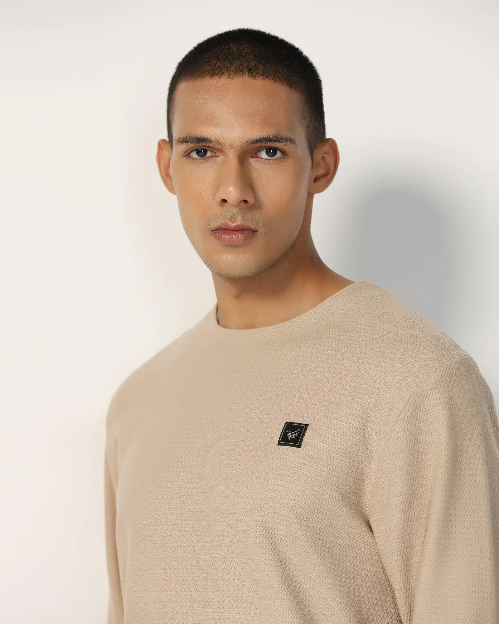 Crew Neck Beige Structure Sweatshirt - And