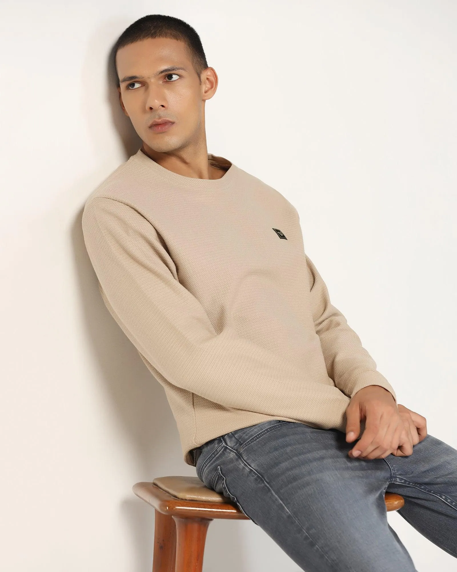 Crew Neck Beige Structure Sweatshirt - And