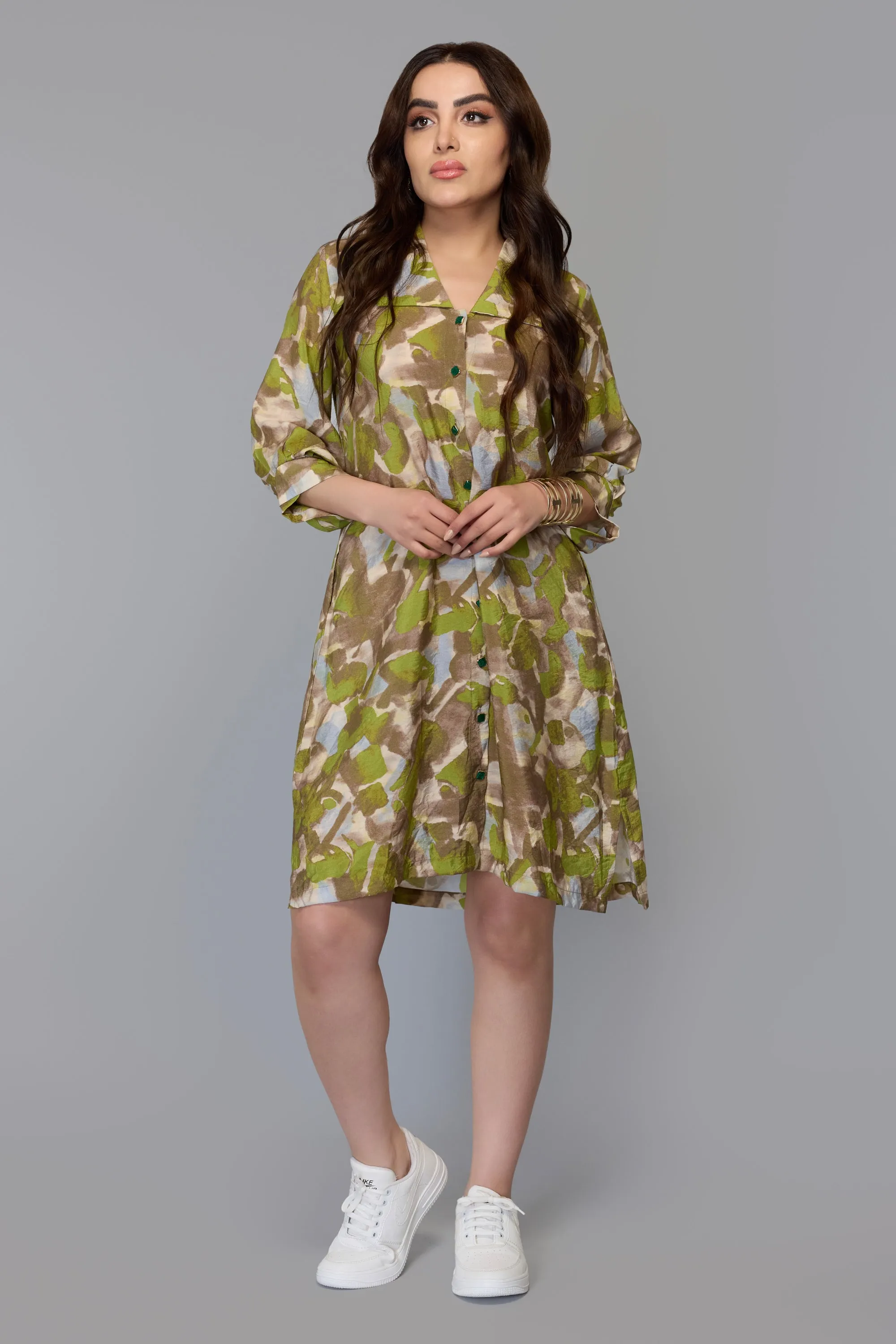 Earthy Brushstroke Shirt Dress