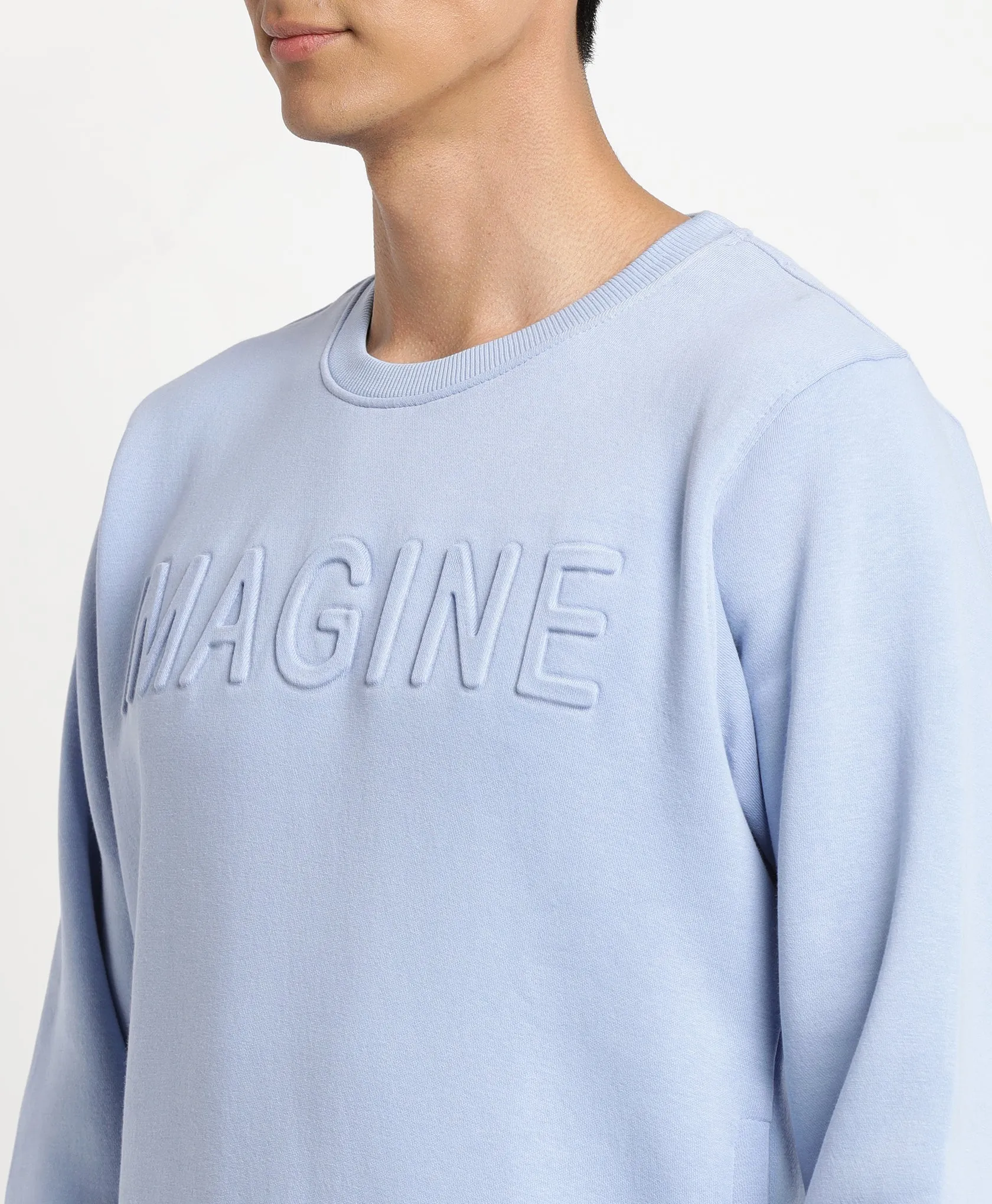 Light Blue Solid Round Neck Knitted SweatShirt