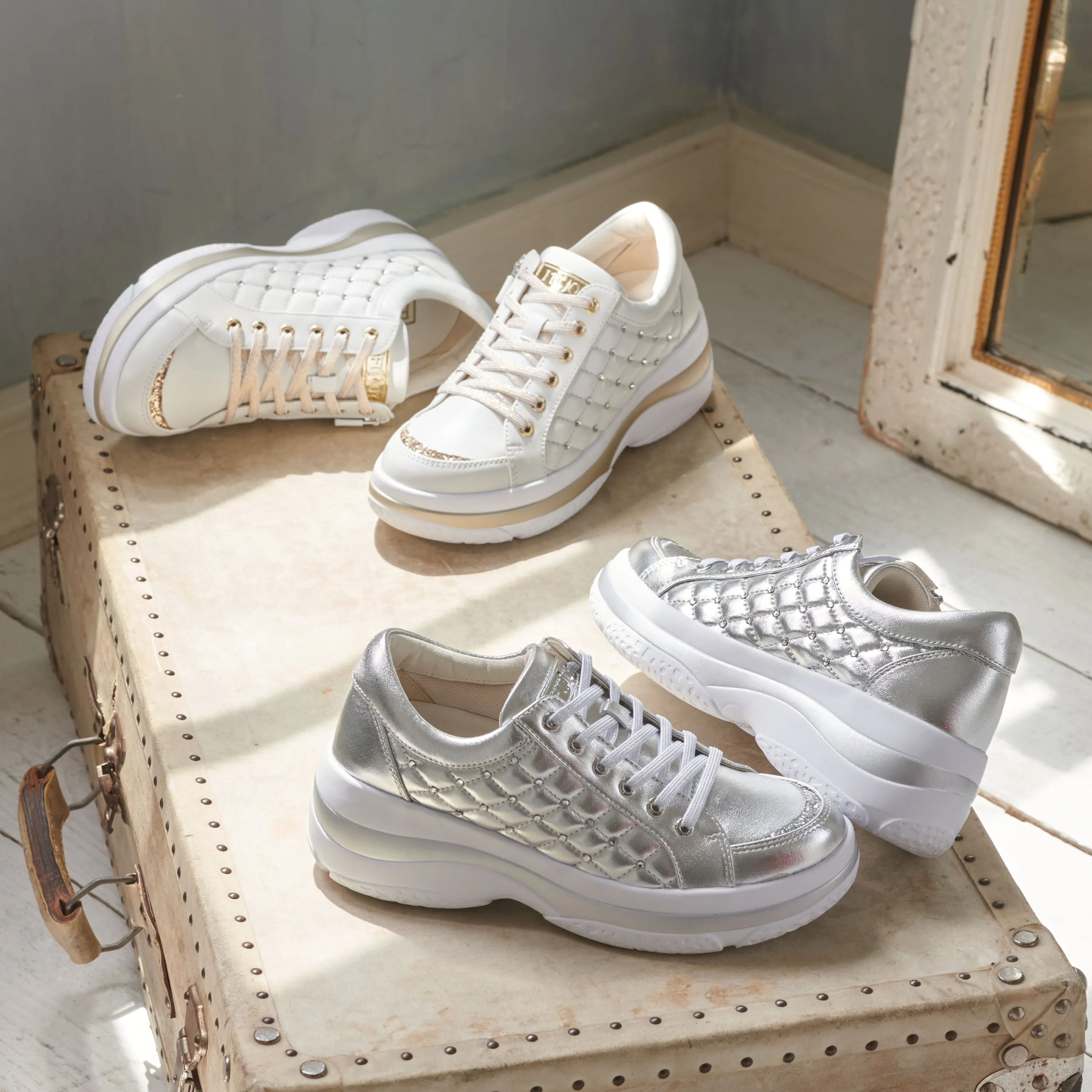 Lightweight and Cushioning Volume-Sole Crystal-Embellished Sheepskin Lace-Up Sneakers #FJ107