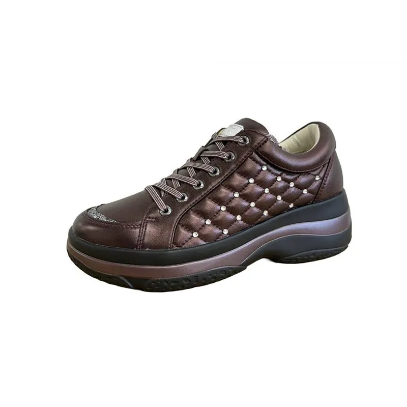 Lightweight and Cushioning Volume-Sole Crystal-Embellished Sheepskin Lace-Up Sneakers #FJ107