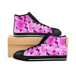 Pink Rose Women's Sneakers, Rose Floral Print Designer High Top Running Fashion Shoes