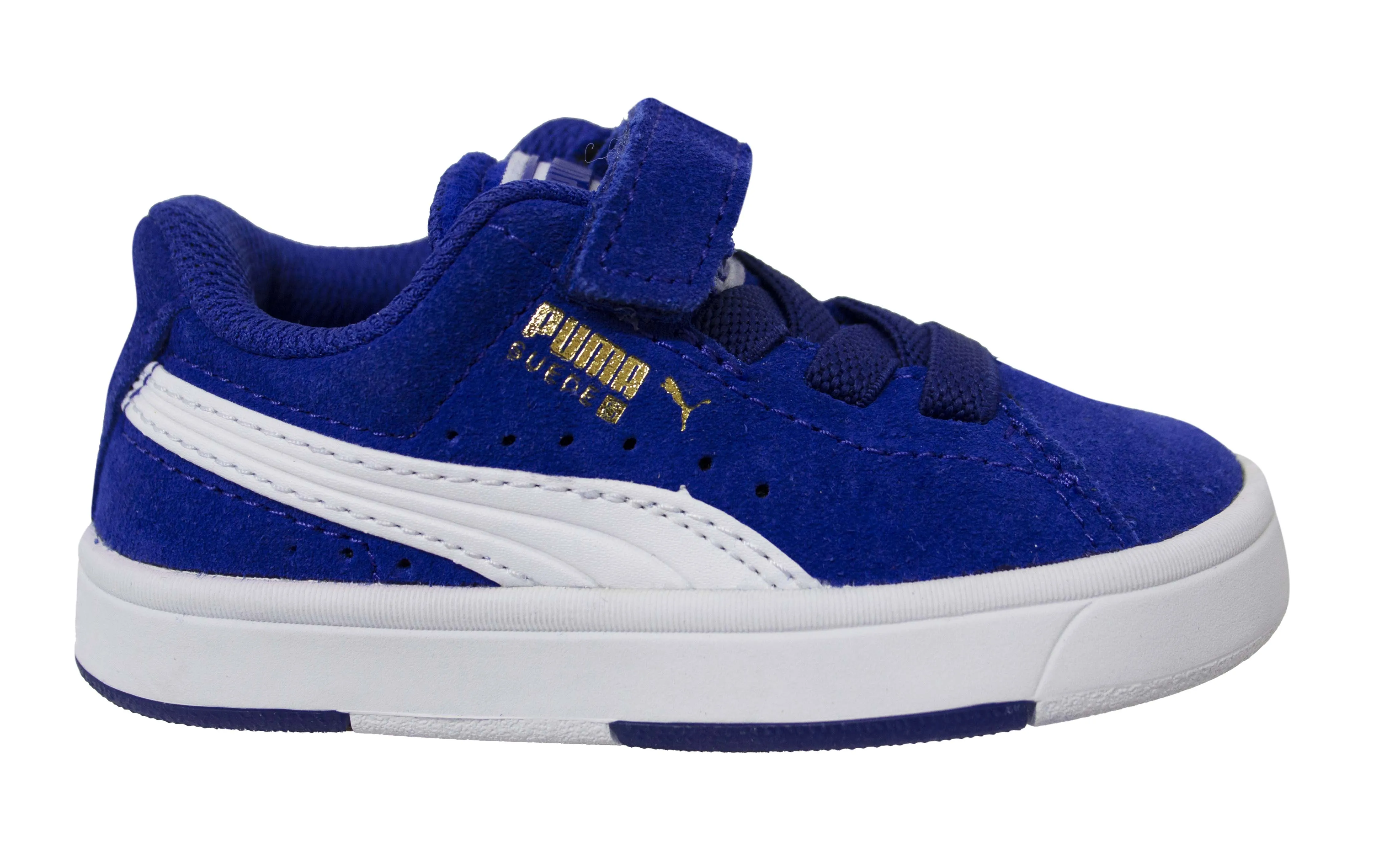 Puma Suede S V Kids Blue Suede Leather Hook And Loop Lace Up Trainers 359452 03