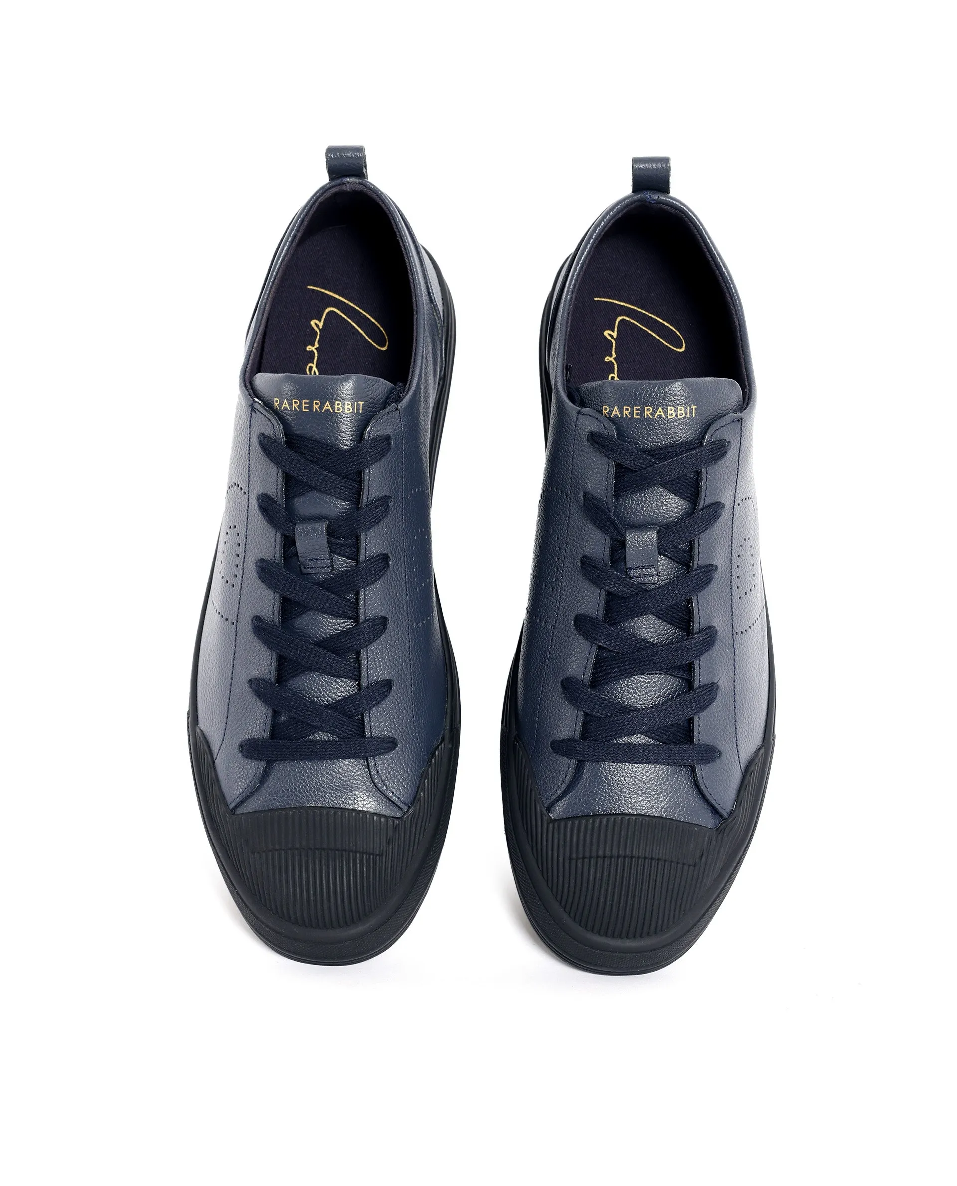 Rare Rabbit Mens Sauron Pro Navy Premium Milled Leather Lace Up Low Top Round Toe Sneaker Shoes