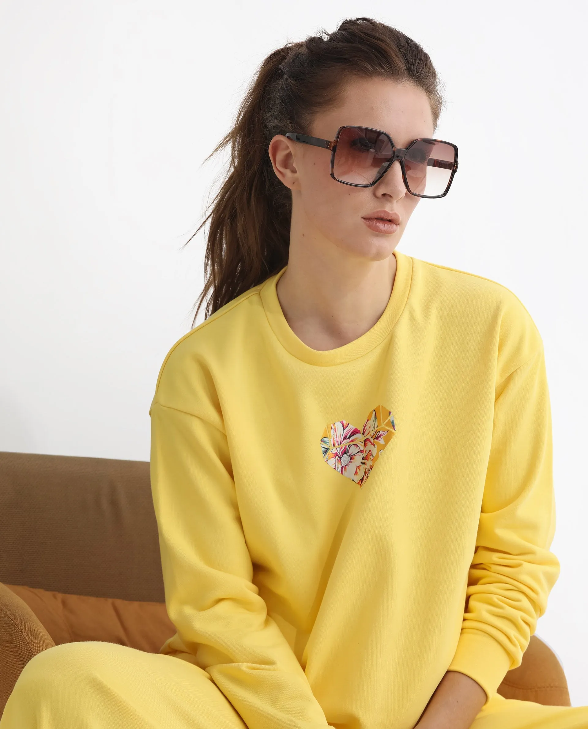 Rareism Women Morin Yellow Poly Cotton Fabric Full Sleeves Crew Neck Cuffed Sleeve Regular Fit Graphic Print Sweatshirt