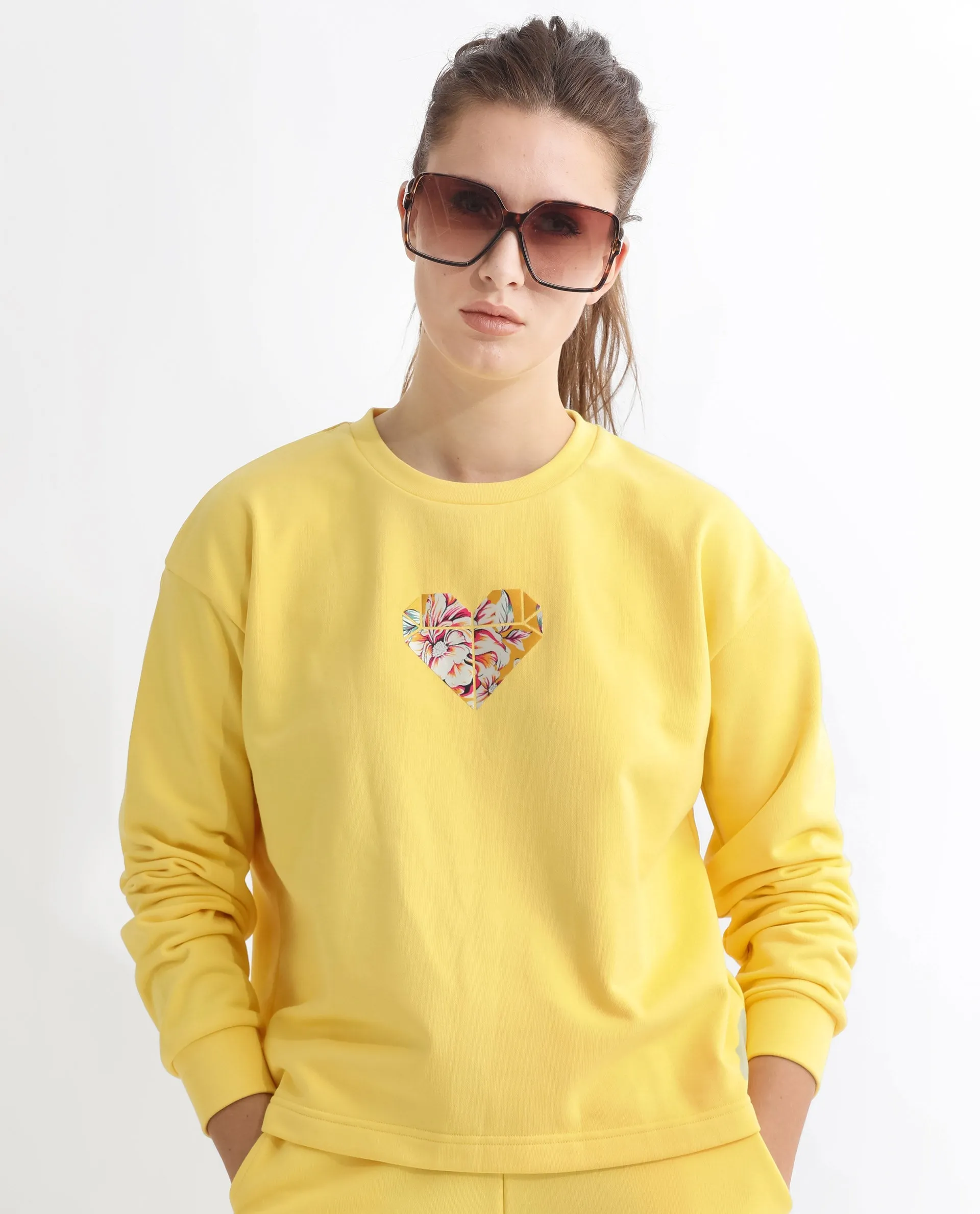 Rareism Women Morin Yellow Poly Cotton Fabric Full Sleeves Crew Neck Cuffed Sleeve Regular Fit Graphic Print Sweatshirt