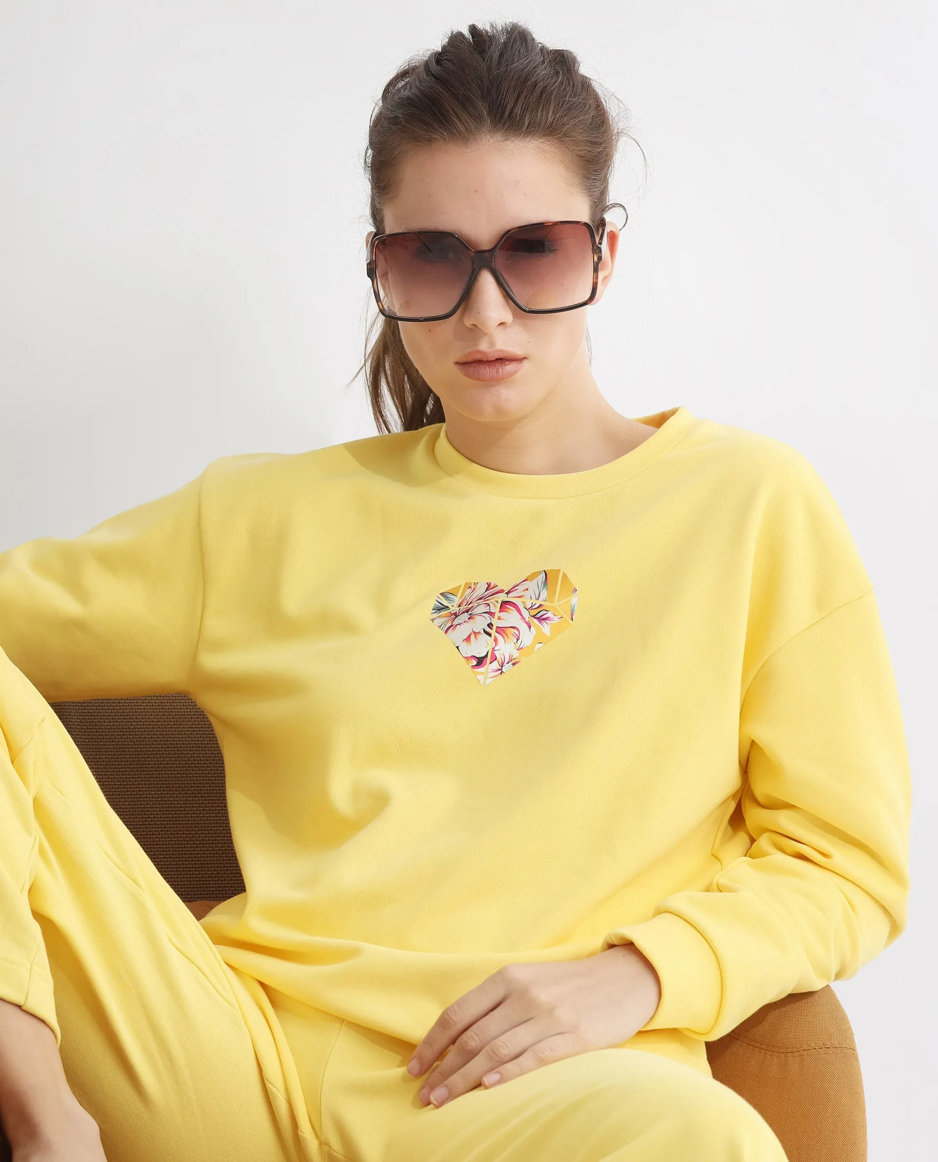 Rareism Women Morin Yellow Poly Cotton Fabric Full Sleeves Crew Neck Cuffed Sleeve Regular Fit Graphic Print Sweatshirt