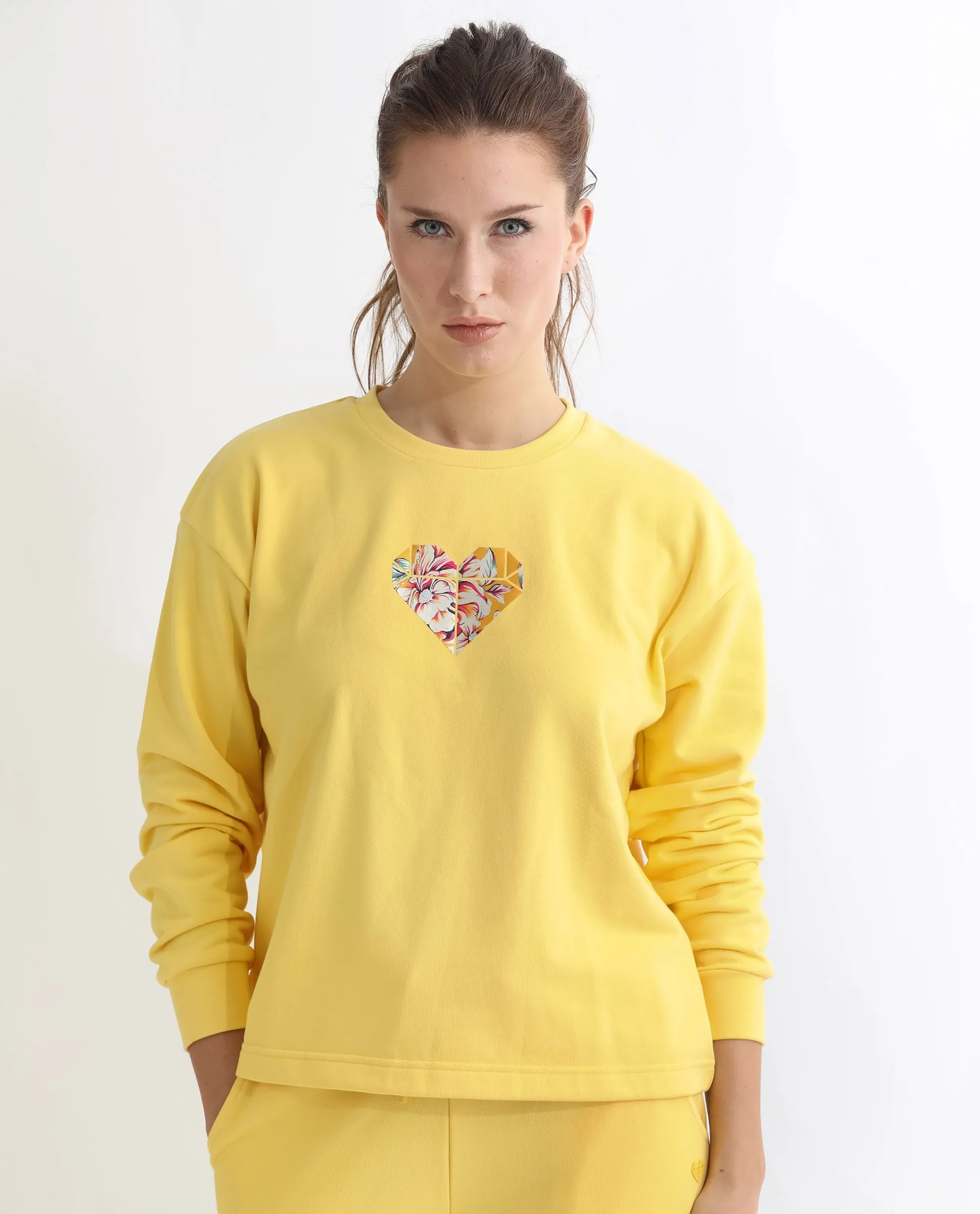 Rareism Women Morin Yellow Poly Cotton Fabric Full Sleeves Crew Neck Cuffed Sleeve Regular Fit Graphic Print Sweatshirt