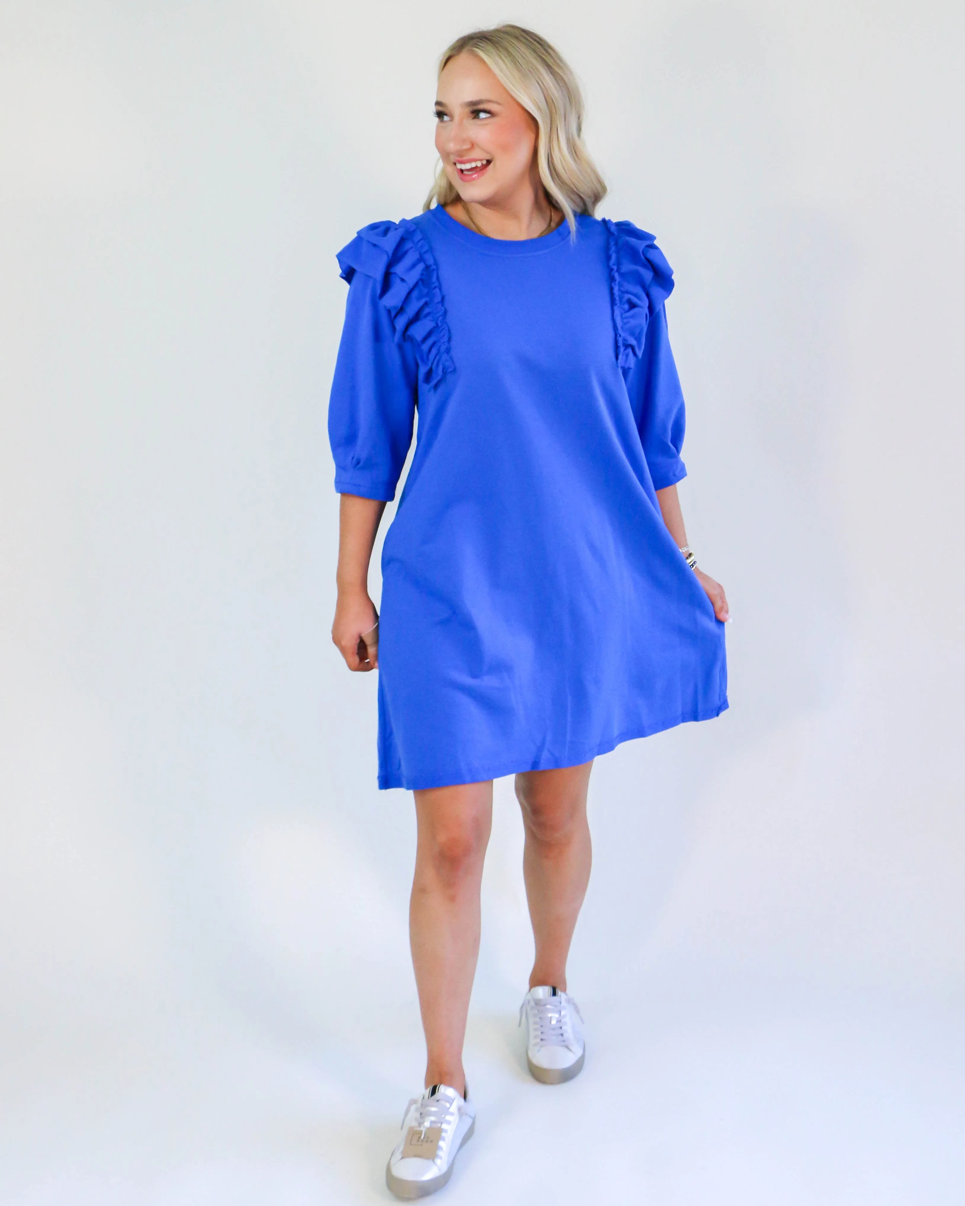 Ruffle Sleeve Round Neck Dress in Blue