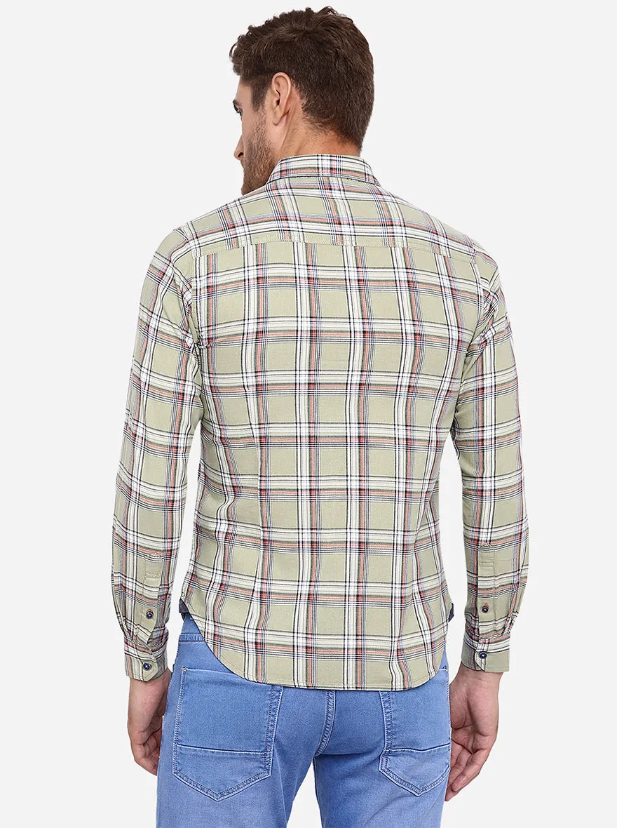 Sage Green Checked Slim Fit Casual Shirt | Greenfibre