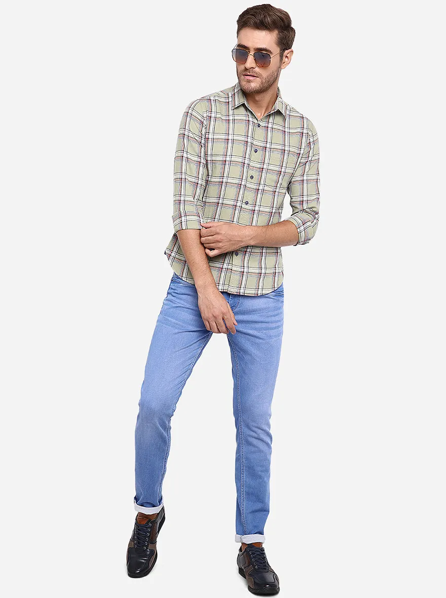 Sage Green Checked Slim Fit Casual Shirt | Greenfibre