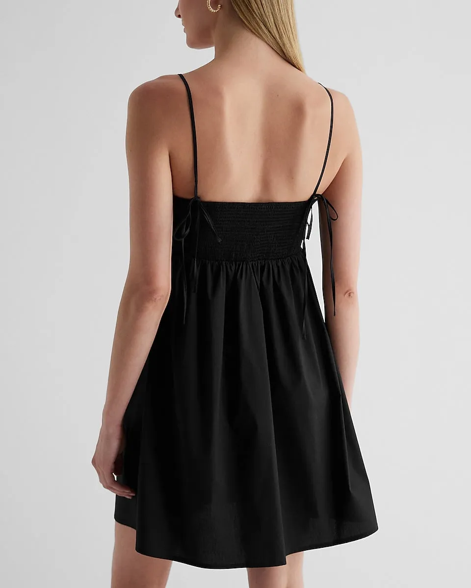 Square Neck Ruched Mini Babydoll Dress in Pitch Black