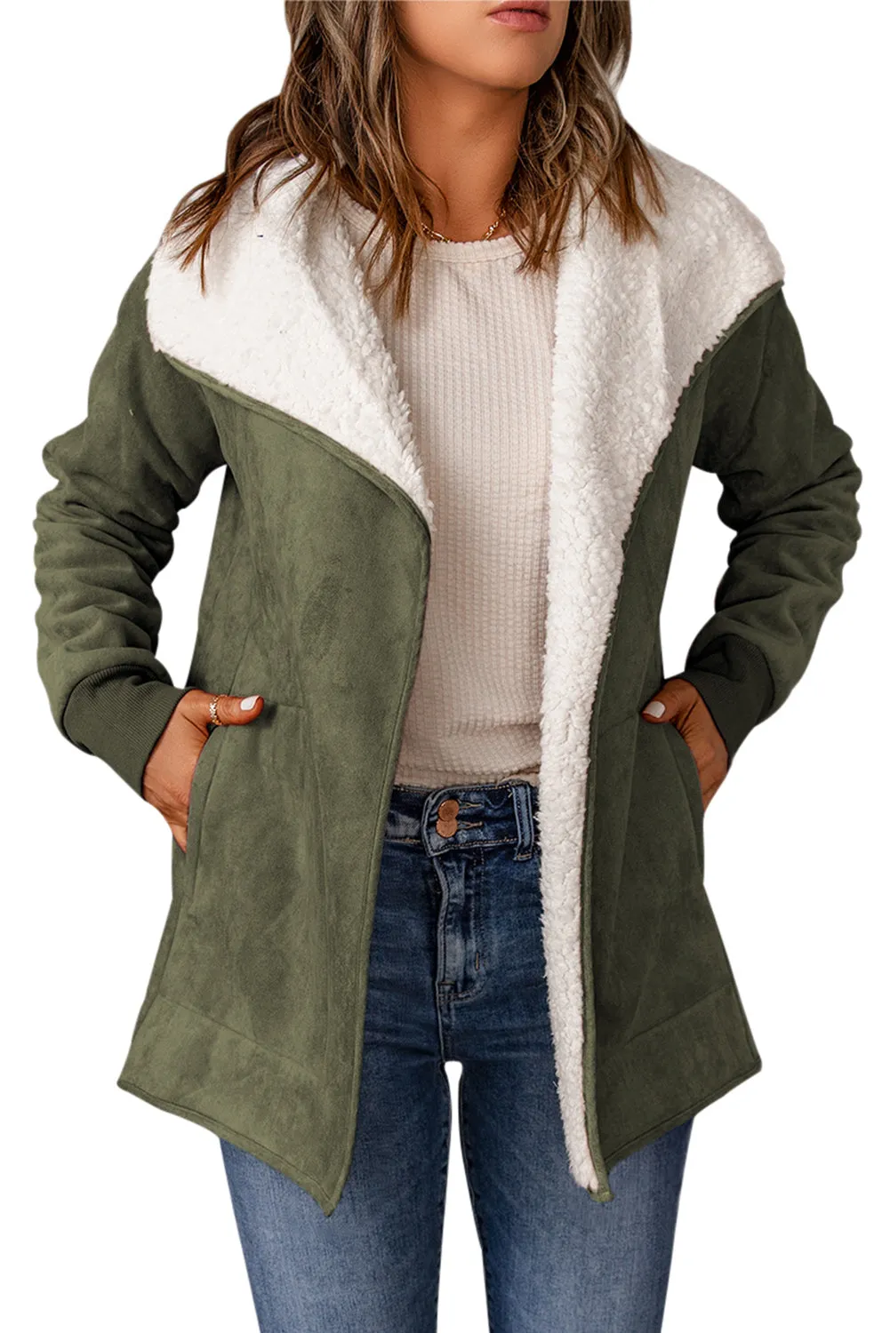 Suede Fleece Open Front Jacket