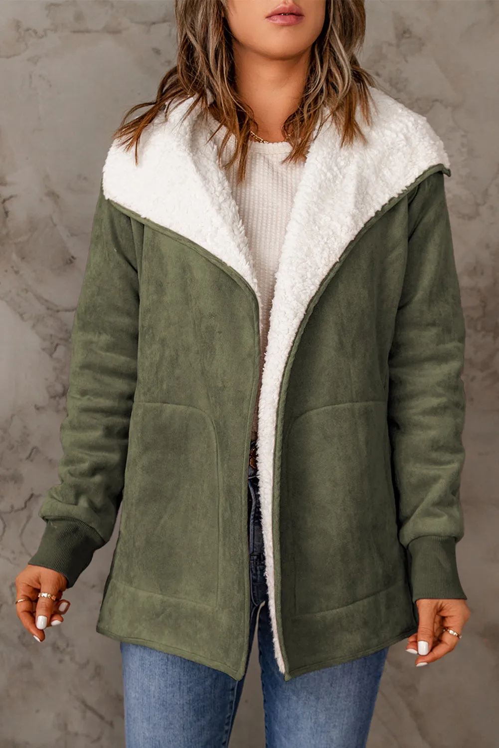 Suede Fleece Open Front Jacket