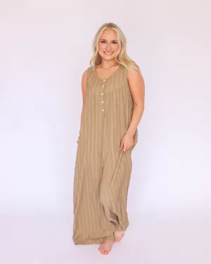 Textured Knit Fabric Sleeveless Wide Leg Jumpsuit in Latte