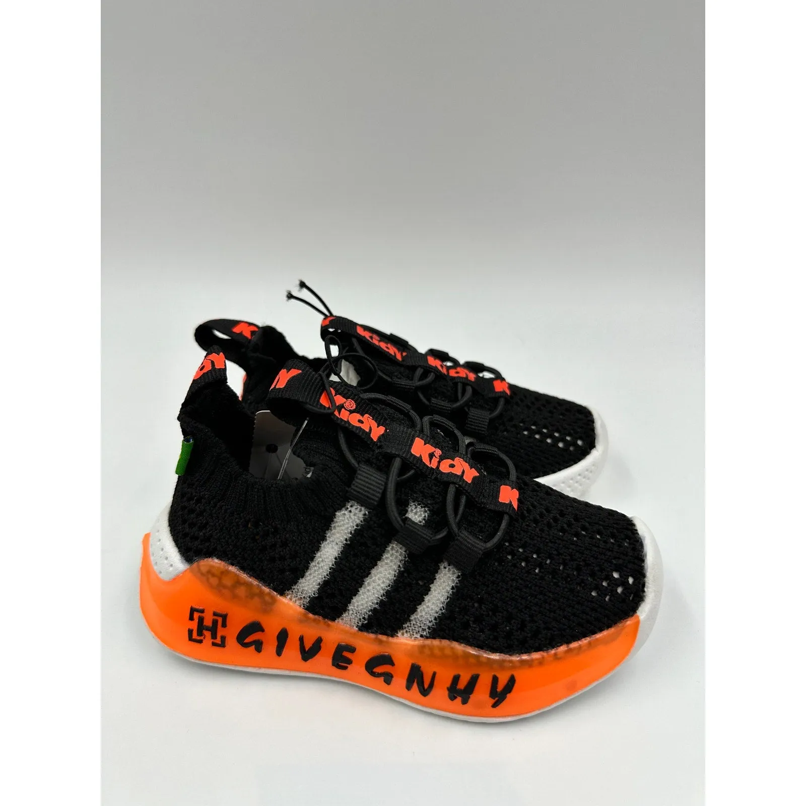 Toddler/Small Kid Size 7, Black Sneakers w/ White Sole with Orange Lights/Accent