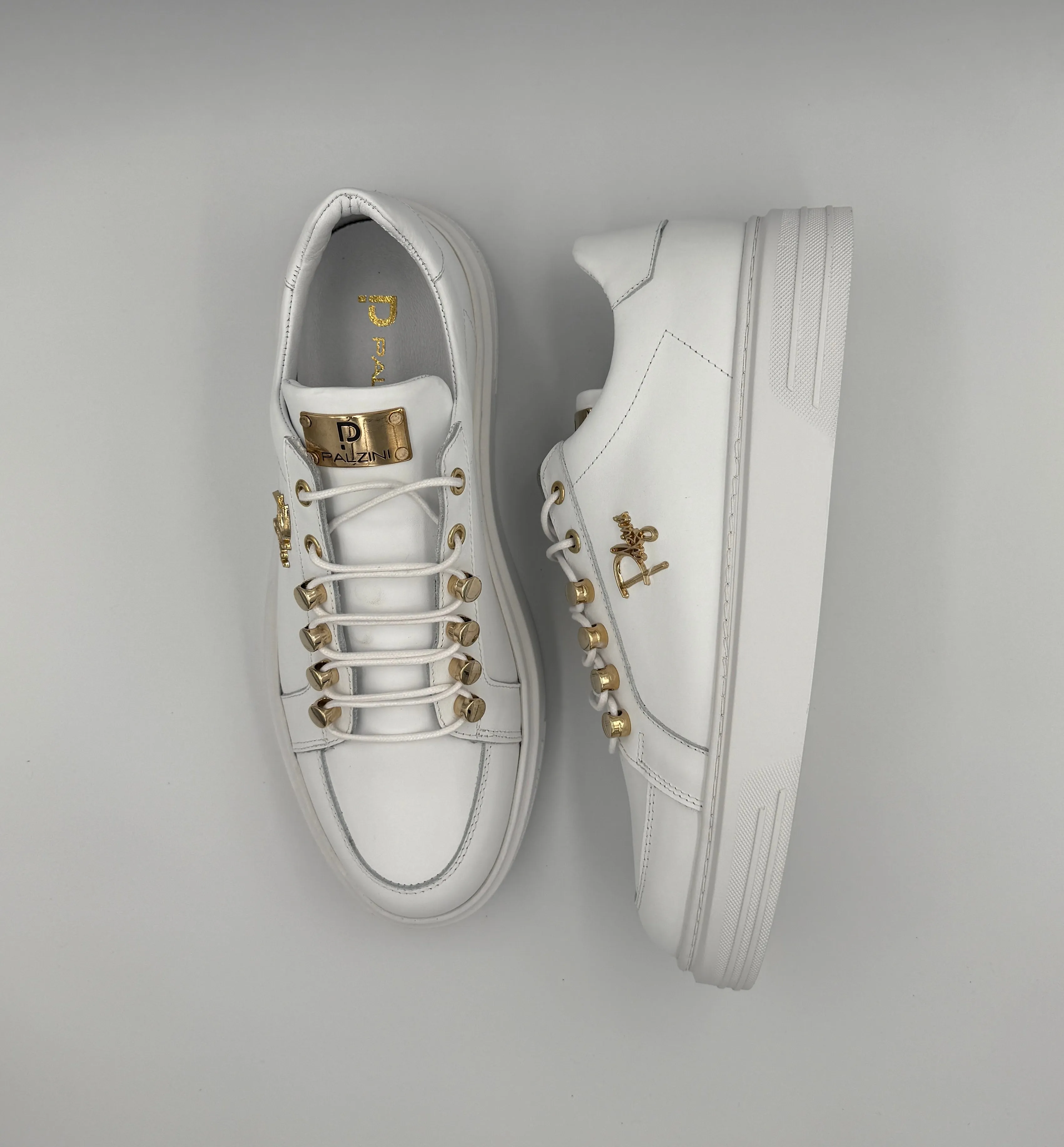 “TRIGRECA” LOW-TOP PALZINI SNEAKERS IN WHITE LEATHER WITH GOLD DETAILING