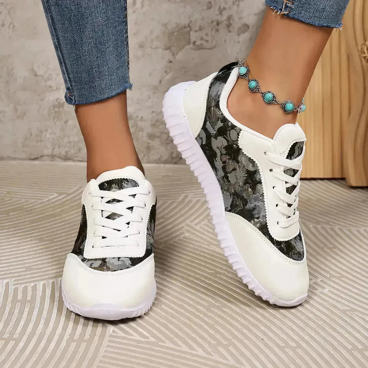 Versatile Lace-up Flat Shoes Casual Lightweight Thick-soled Running Sports Shoes Low-top Breathable Sneakers For Women