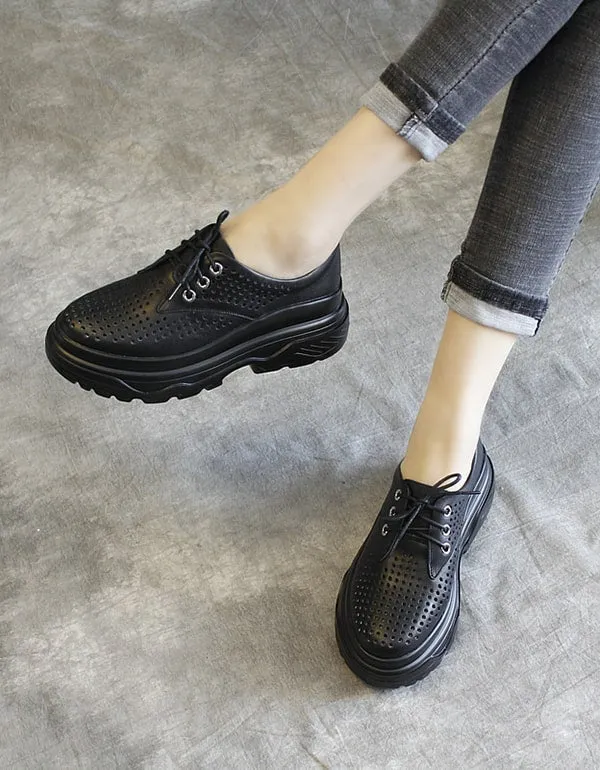 Womens Versatile Thick Heels Leather Sneakers